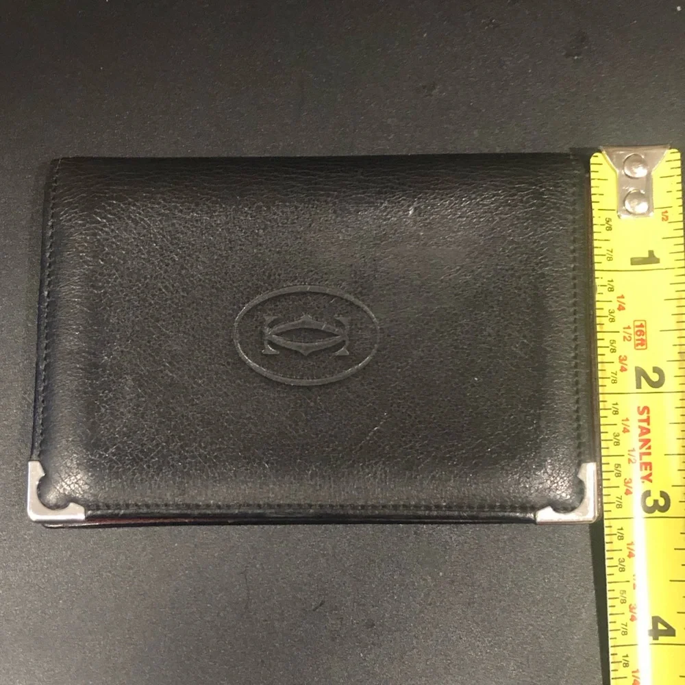 CARTIER Black Leather Card Wallet with Silver Metal Corner Accents